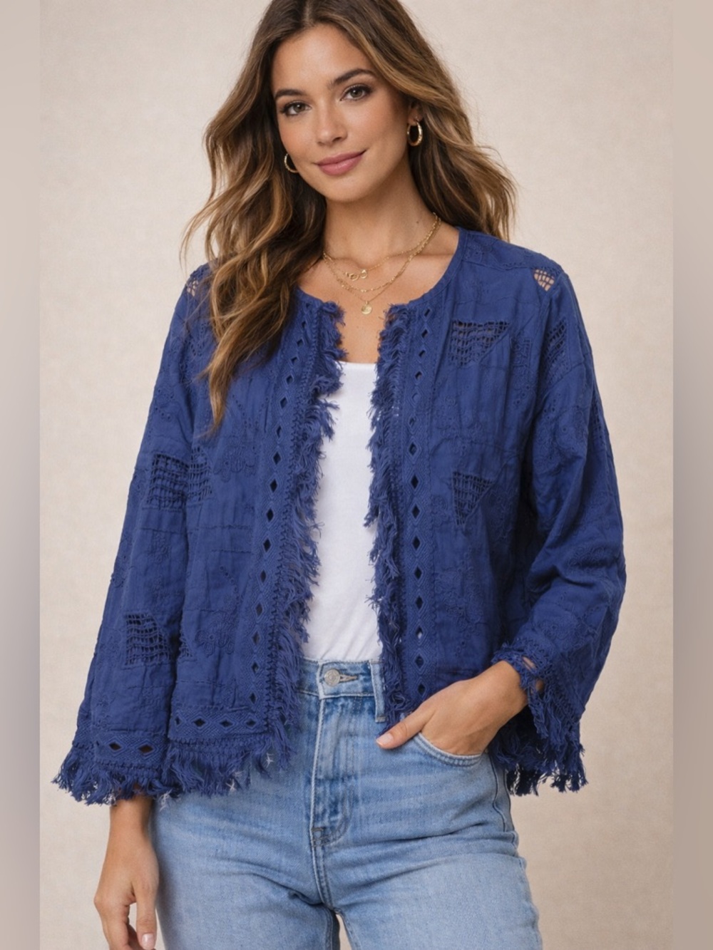 Johnny Was Blue Embroidered Jacket Boho Fringe Open Front Eyelet Size M